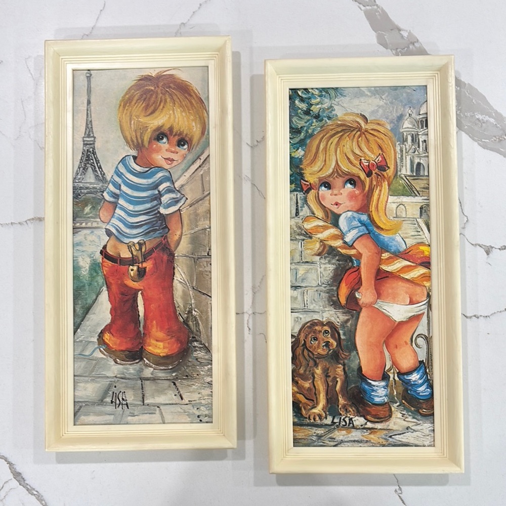 Vintage Big Eyed Boy Girl Restroom Pictures With Plastic Frames By Lisa